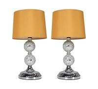MiniSun | Pair of - Modern Decorative Chrome & Mosaic Crackle Glass Table Lamps with a Mustard Shade - Complete with 4w LED Bulbs [3000K Warm White] | Table Lamps & Home Improvements Essential