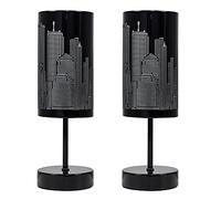 MiniSun | Pair of - Modern Gloss Black Touch Table Lamps with New York Skyline Shades - Complete with 5w LED Dimmable Candle Bulbs [3000K Warm White] | Table Lamps & Home Improvements Essential