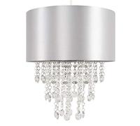 MiniSun | Pair of Modern Grey Cylinder Ceiling Pendant Light Shades with Clear Acrylic Jewel Effect Droplets Complete with 10w LED GLS Bulbs | Shades & Home Improvements Essential | 320cm Shade Width