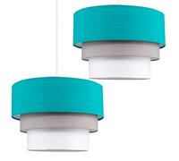 MiniSun | Pair of Modern Round 3 Tier Turquoise Teal, Grey and White Fabric Ceiling Light Shades Complete with 10w LED GLS Bulbs | Shades & Home Improvements Essential | 300cm Shade Width