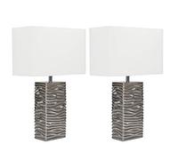 MiniSun | Pair of - Modern Silver Ripple Effect Ceramic Table Lamp with a White Light Shade | Table Lamps & Home Improvements Essential