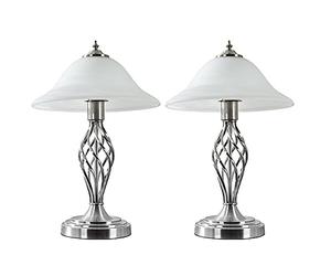 MiniSun | Pair of - Traditional Style Satin Nickel Barley Twist Table Lamps with a Frosted Alabaster Shade - Complete with 6w LED GLS Bulbs | Table Lamps & Home Improvements Essential