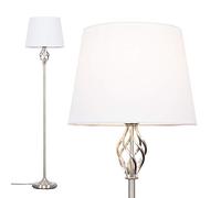 MiniSun | Traditional Style Satin Nickel Barley Twist Floor Lamp with a White Tapered Light Shade - Complete with a 10w LED GLS Bulb [3000K Warm White] | Floor Lamps & Home Improvements Essential