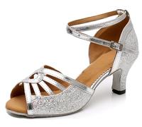 MINITOO Comfortable Women's Latin Salsa Shoes Glitter Evening Wedding Sandals, X025 silver 6 cm heel, 9 UK