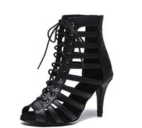 MINITOO Dance Heels for Women Sexy Boots Lace up Latin Ballroom Evening Sandal Booties L543 Black 8.5cm Heel UK 5
