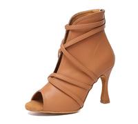 MINITOO Dance Heels for Women Sexy Boots Lace up Latin Ballroom Evening Sandal Booties L579 Tan 9cm Heel UK 4