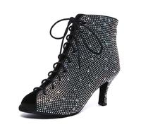 MINITOO Dance Heels for Women Sexy Boots Lace up Latin Ballroom Evening Sandal Booties L606 Black 7.5cm Heel UK 9