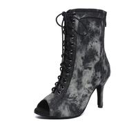 MINITOO Dance Heels for Women Sexy Boots Lace up Latin Ballroom Evening Sandal Booties L608 Denim Black 8.5cm Heel UK 6
