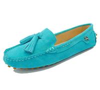 MINITOO Driving Shoes Women's Tassel Turquoise Suede Leather Loafers Slip-ons Casual Holidays Flats UK 5.5