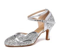MINITOO Glitter Dance Shoes for Women Closed Toe Wedding Evening Party Pumps QJ7110 Silver 7.5cm Heel UK 4