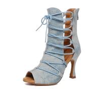 MINITOO Ladies Ballroom Salsa Latin Dance Shoes Sexy Prom Evening Ankle Sandal Boots L614 Light Blue 9cm Heel UK 3.5