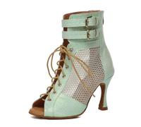 MINITOO Ladies Dance Boots Heels Elegant Mesh Prom Evening Ankle Sandals Shoes L615 Green 9cm Heel UK 9