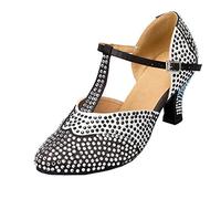 MINITOO Ladies Low Heel Ballroom Dance Shoes Formal Party Pumps with Rhinestones L136 Black/White 6cm Heel UK 4