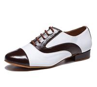 MINITOO Mens Dance Shoes Block Standard Heel Synthetic Leather Ballroom Dancing Shoes L534 White/Coffee UK 10.5