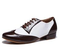 MINITOO Mens Dance Shoes Block Standard Heel Synthetic Leather Ballroom Dancing Shoes L535 Coffee/White UK 8.5