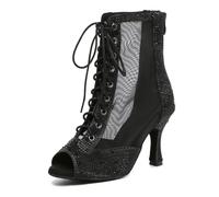 MINITOO Sexy Dancing Boots Heels for Women with Rhinestones Evening Prom Sandals Shoes L621 Black 8.5cm Heel UK 3.5