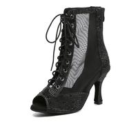 MINITOO Sexy Dancing Boots Heels for Women with Rhinestones Evening Prom Sandals Shoes L621 Black 8.5cm Heel UK 2