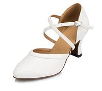 MINITOO Women Dance Shoes Closed Toe Party Evening Wedding Pumps with Ankle Strap HW044 White UK 6