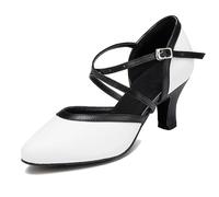 MINITOO Women Dance Shoes Closed Toe Party Evening Wedding Pumps with Ankle Strap HW059 White/Black UK 6