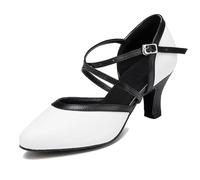 MINITOO Women Dance Shoes Closed Toe Party Evening Wedding Pumps with Ankle Strap HW059 White/Black UK 5.5
