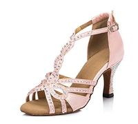 MINITOO Women's Crystals T-Strap Satin Latin Salsa Ballroom Dance Shoes Bridal Wedding Evening Sandals L196 Pink 7.5cm Heel UK 7