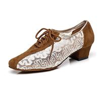 MINITOO Womens Dancing Shoes Mesh Lace-up Low Heel Evening Prom Pumps L290 Brown/White 4cm Heel UK 4