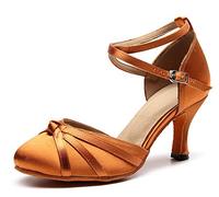 MINITOO Women's Latin Salsa Ankle Strap Closed Toe Satin Dance Shoes L117A Bronze 7.5cm Heel UK 4.5