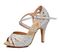 MINITOO Women's Latin Salsa Ballroom Dance Shoes with Rhinestones Wedding Evening Sandals L390 Silver 10cm Heel UK 2