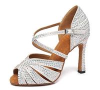 MINITOO Women's Latin Salsa Ballroom Dance Shoes with Rhinestones Wedding Evening Sandals L422 Silver 10cm Heel UK 5.5