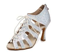 MINITOO Women's Latin Salsa Dancing Heels with Rhinestones Bridal Wedding Evening Sandals Shoes L486 White 9cm Heel UK 6.5