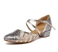 MINITOO Women's Latin Salsa T-Strap Closed Toe Synthetic Ballroom Dance Shoes Evening Wedding Pumps L2042 Multicolor 3.5cm Heel UK 6.5