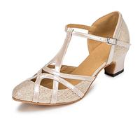MINITOO Women's Latin Salsa T-Strap Closed Toe Synthetic Ballroom Dance Shoes Evening Wedding Pumps TH101 Champagne 5cm Heel UK 7.5