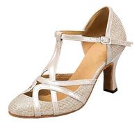MINITOO Women's Latin Salsa T-Strap Closed Toe Synthetic Ballroom Dance Shoes Evening Wedding Pumps TH101 Champagne 8cm Heel UK 7.5