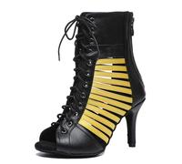 MINITOO Womens Sexy Ankle Boots Dance Shoes Strappy Fashion Party Prom Sandals L566 Black/Yellow 8.5cm Heel UK 6.5