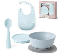 Miniware First Bites Deluxe Set: Cereal Bowl, Detachable Suction Foot, Training Spoon, Silicone Bib for Baby Toddler Kids | Promotes Self Feeding | Eco-Friendly, BPA Free | Dishwasher Safe (Aqua)