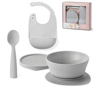 Miniware First Bites Deluxe Set: Cereal Bowl, Detachable Suction Foot, Training Spoon, Silicone Bib for Baby Toddler Kids | Promotes Self Feeding | Eco-Friendly, BPA Free | Dishwasher Safe (Dove Grey)