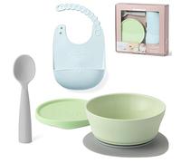 Miniware First Bites Deluxe Set: Cereal Bowl, Detachable Suction Foot, Training Spoon, Silicone Bib for Baby Toddler | Promotes Self Feeding | Eco-Friendly, BPA Free | Dishwasher Safe (Hipster Bites)