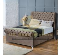 (Mink Plush, Double 4ft6") Upholstered Velvet Sleigh Double Bed Frame with Mattress Included 3ft,4ft6,5ft,6ft Hand Made UK