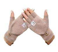 Mink rabbit plush five-hand knitted plus velvet thickened heat-resistant gloves, khaki, one size fits all