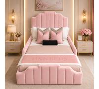 (Mink (with Mattress), 3ft Single (with Gaslift)) Elegant Art Deco Crown Bed Frame Kids & Adults Beds Plush Velvet with Mattress & Gas Lift Storage
