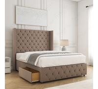 (Mink (without Mattress), 4ft6" Double) Ruby Divan Double Bed Frame with Mattress Included Plush 54inch Wingback Chesterfield Headboard 2 Storage Drawers Footend Side