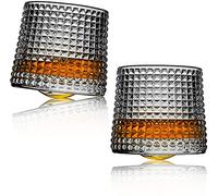 Minkabo Whiskey Glasses Rotatable Decompression - Old Fashioned Set of 2 Bar Style Glassware for Bourbon Scotch Rum (Checkered) (9 oz) (Minkabo-37)
