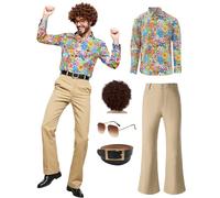 minkasic 70s Disco Costume Set Hippie Men Outfit with Flared Pants Shirt for 50s 60s 70s Cosplay Halloween Party (Cream, M)