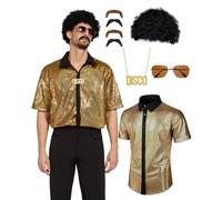 minkasic 70s Fancy Dress Mens 5PCS 70s Shirts for Men with Disco Accessories Wig, Sunglasses, Fake Beard Disco Necklace, Abba Fancy Dress Costume Men Set for 60s 70s Party (Golden, XXL)
