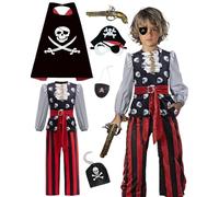 minkasic Pirate Boy Costume with Eye Patch Belt Cape Mask Hook (Black and Red, 130)