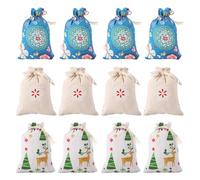minkissy 12Pcs Christmas Drawstring Burlap Bags 10X14Cm Reusable Cloth Storage Pouches with Xmas Deer and Snowflake Prints for Holiday Presents and Party Favors