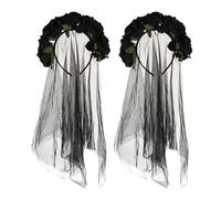 minkissy 2pcs Black Halloween Veil Headband with Mesh and Realistic Rose Flowers Non-slip Sturdy Fit for Bride Day Dead Gothic Weddings and Costume Parties