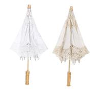 minkissy 2pcs Cotton Wedding Umbrella Lace Embroidered Bride Parasol for Photography Props Vintage Style Radius Beige