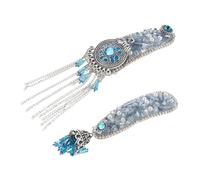 minkissy 2pcs Ethnic Style Rhinestone Hair Clips Blue Tassel Barrette and Blue Pearl Snap Clip for Women Wedding Party Events