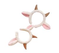 minkissy 2pcs Faux Sheep Ears Headband Set, Plush Animal Hair Accessories with Small Horns, Khaki Color, Party Supplies and Costume Headwear for Women and Boys and Girls